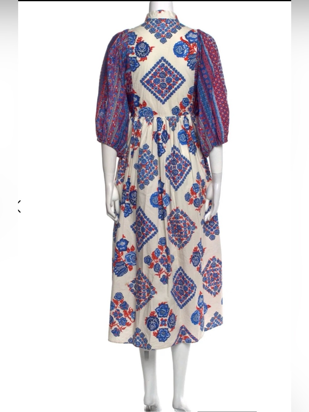 LA DoubleJ Cream Midi Dress with Blue & Red Floral Medallions